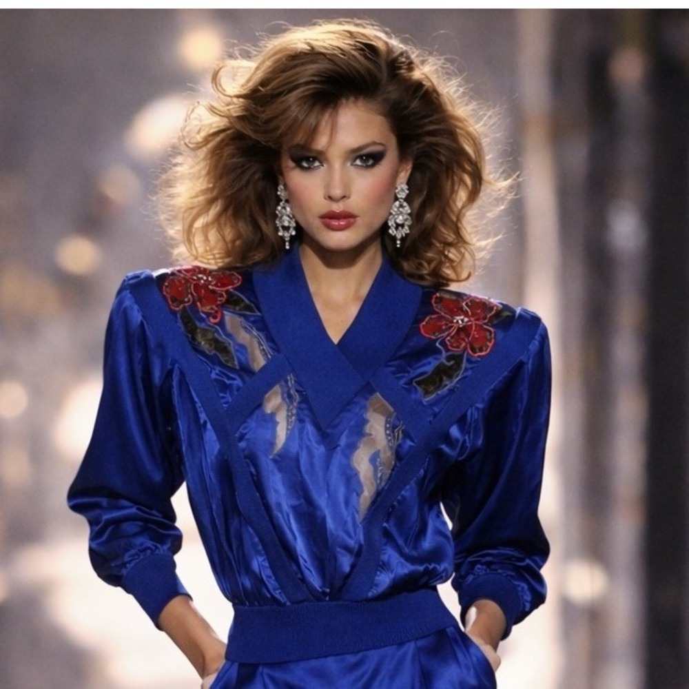 Vintage 80s Royal Blue Silk Satin Sequin Floral Applique Mesh Detail Top